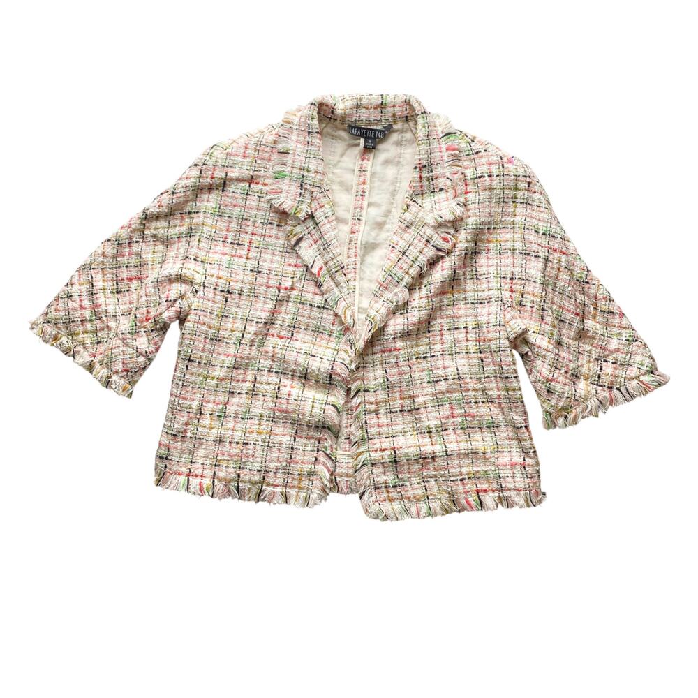 Lafayette 148 Ivory Multicolor Raw Fringe Open Front Tweed Cropped Jacket : 6